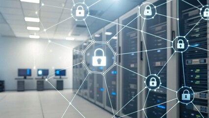 A modern server room with network connectivity icons, symbolizing cybersecurity and data protection in a high-tech environment.