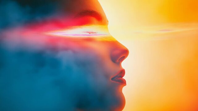Woman combining with sunset clouds in a double exposure effect