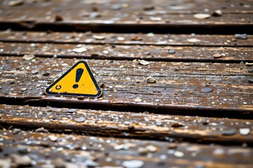 Warning Sign on Wooden Surface: A weathered wooden surface with a striking warning sign, symbolizing caution and awareness.
