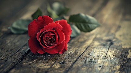Single Red Rose on Old Wooden Table for Valentine's Day, Soft-Focus Vintage Style
