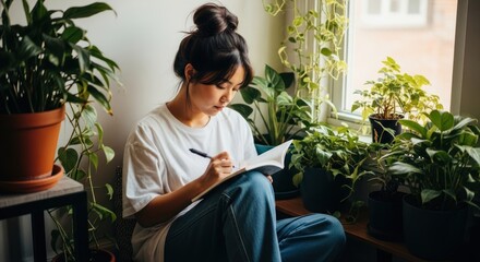A young woman sitting on a windowsill with a notebook and plants.