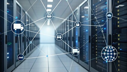 A modern data center with interconnected server racks, showcasing network nodes and transport symbols representing digital infrastructure.
