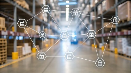 A modern warehouse scene with a network graphic overlay representing logistics and inventory management.