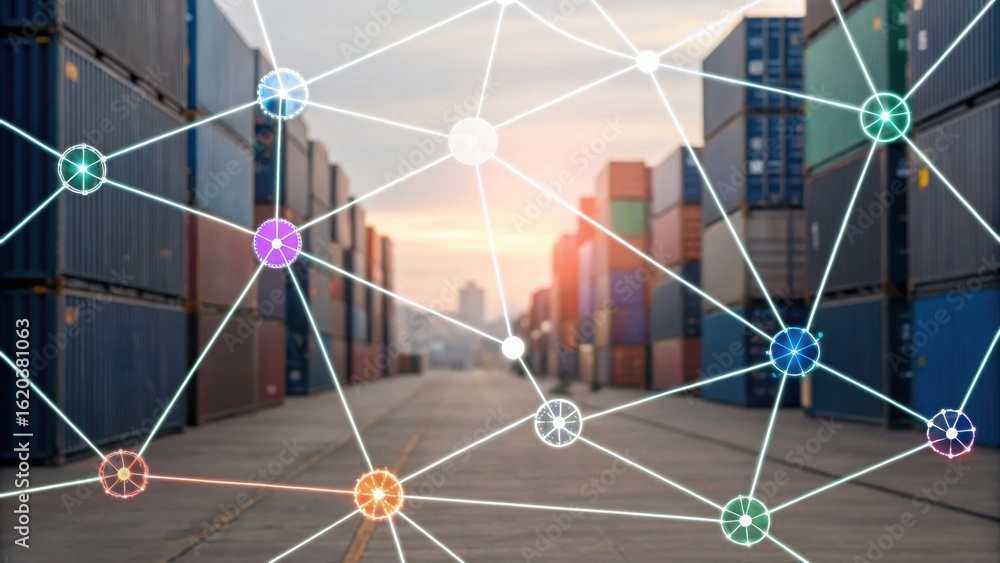 Poster a network of interconnected nodes overlays a shipping container yard, symbolizing logistics and conn