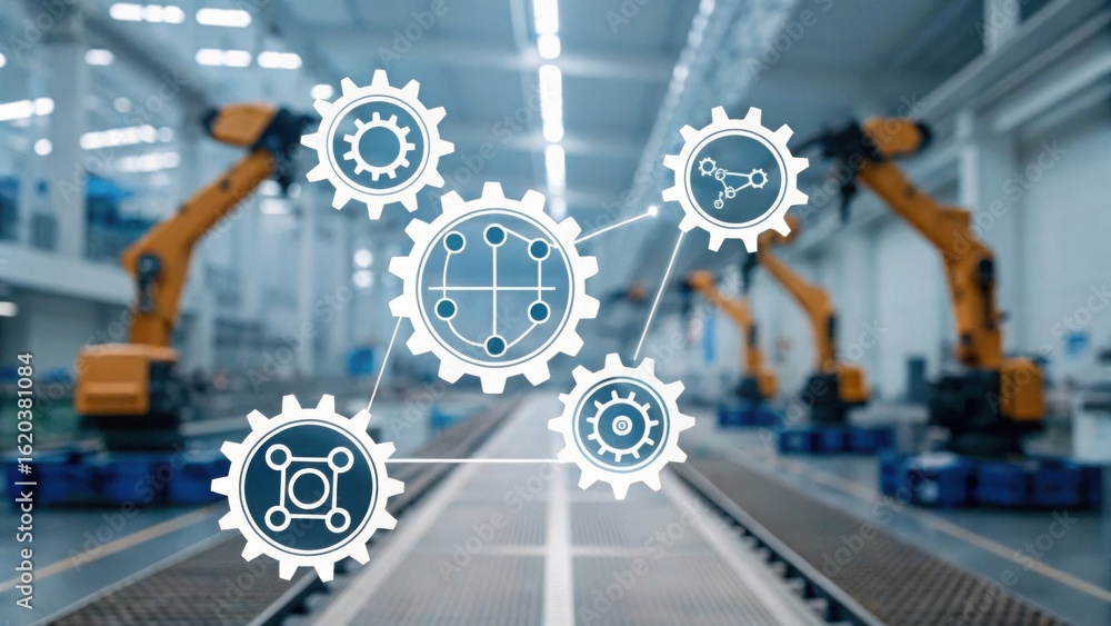 Poster a factory setting showcasing robotic arms and interconnected gears, symbolizing automation and advan