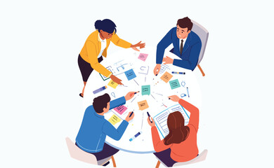 Flat Vector Illustration of Office Team Brainstorming Around a Table – Creative Collaboration, Business Planning, Minimal Style
