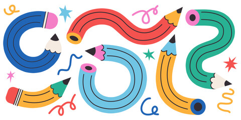 Twisted Curved Pencil Collection. Flexible pencils,  school studying supplies. Multicolored pencils bent into abstract shapes. Perfect for designing notebooks, schedules, diaries, school banners