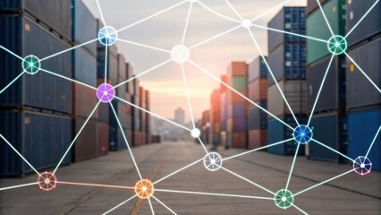 A network of interconnected nodes overlays a shipping container yard, symbolizing logistics and connectivity in a modern transport environment.