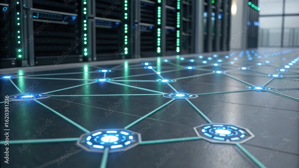 Poster a futuristic data center floor illuminated with blue lights, featuring a network of connections, sur