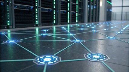 A futuristic data center floor illuminated with blue lights, featuring a network of connections, surrounded by server racks.