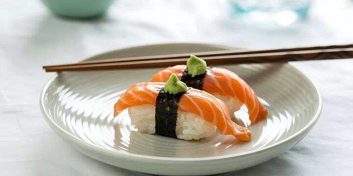 Delicious salmon nigiri sushi with wasabi and sesame seeds on a plate