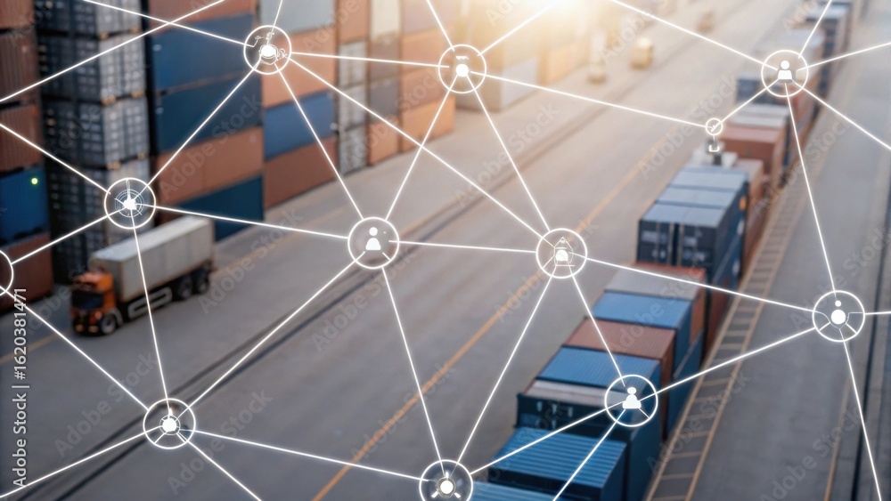Aufkleber an aerial view of shipping containers arranged in a yard, interconnected by a network of lines repre