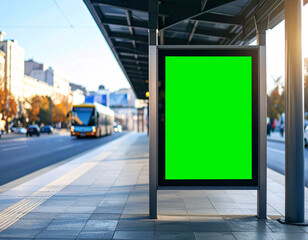 Blank Green Screen Billboard in City Bus Stop