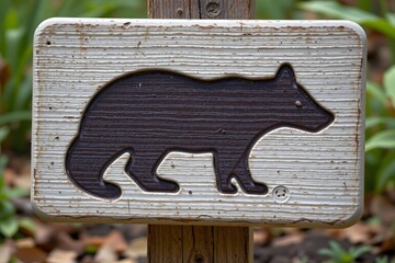 Wildlife Trail Sign: A close-up shot of a worn wildlife trail sign, providing a glimpse into nature's guidance. The image shows a carved silhouette of an animal, offering a subtle yet artistic charm.