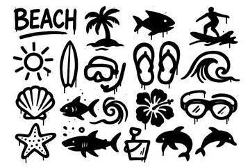 Beach and surf doodle elements including waves, shells, snorkel, and flip flops, Transparent Background