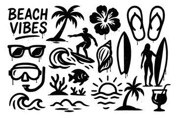 Beach and surf doodle elements including waves, shells, snorkel, and flip flops, Transparent Background