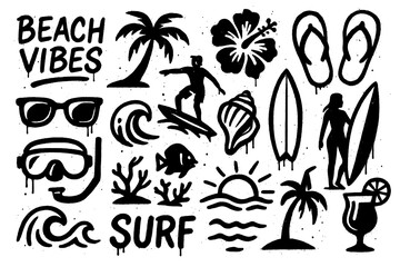 Beach and surf doodle elements including waves, shells, snorkel, and flip flops, Transparent Background © SenorPinky