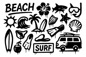 Beach and surf doodle elements including waves, shells, snorkel, and flip flops, Transparent Background