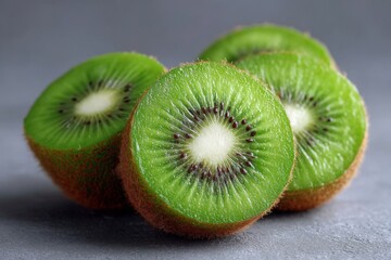 Freshly cut kiwi slices displaying vibrant green fruit and natural texture on a gray surface