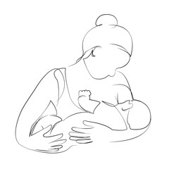 One continuous line drawing on white isolated background. Minimalism linear illustration. mother, newborn, care, family, woman, bonding, togetherness, feeding, breastfeeding