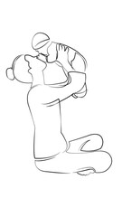 One continuous line drawing on white isolated background. Minimalism linear illustration. mother, child, woman, happiness, people, family, kissing, playing, fun, adult, joy