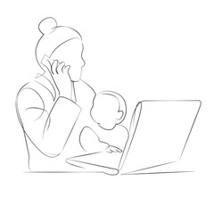 One continuous line drawing on white isolated background. Minimalism linear illustration. child, mother, person, woman, laptop, computer, technology, family, lifestyle, working