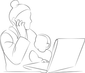 One continuous line drawing on white isolated background. Minimalism linear illustration. child, mother, person, woman, laptop, computer, technology, family, lifestyle, working