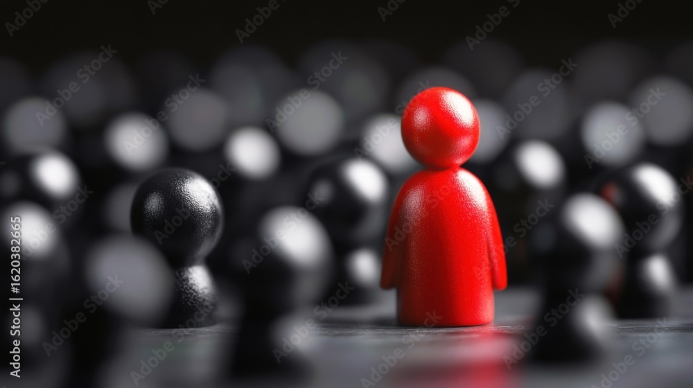Poster unique red figure surrounded by black figures symbolizing individuality and distinction in a crowd o