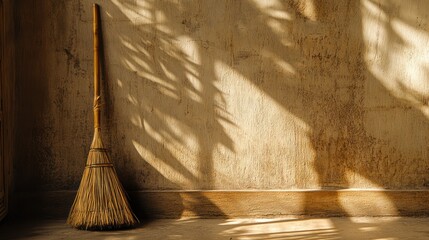 Broom leaning against a textured wall, sunlit shadows