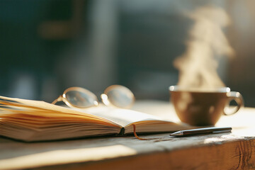 Warm Cafe Morning Study Desk with Steam Rising Coffee and Pomodoro Timer Ambience
