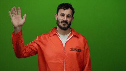 Hispanic man with beard in orange prison jumpsuit stands against green background, raising hand...
