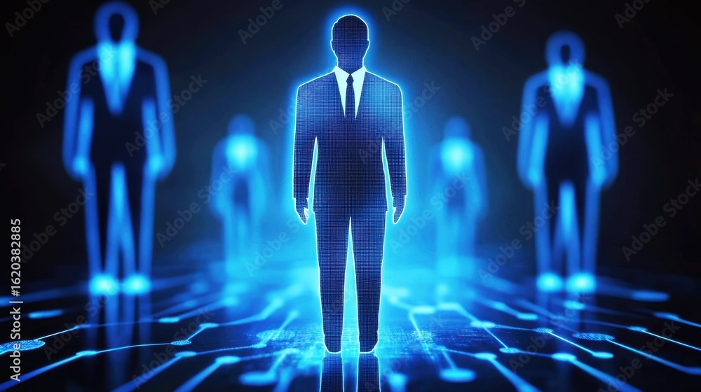 Poster futuristic digital businessman surrounded by stylized silhouettes in a high-tech virtual environment