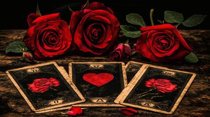 Romantic Tarot Cards with Red Roses on Rustic Wooden Table