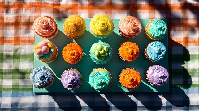 Colorful cupcakes arranged on a teal platter.