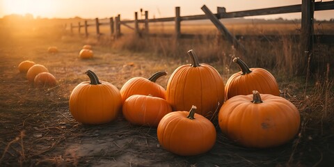 Pumpkins in a field at sunset with a wooden fence