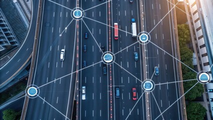 Aerial view of a busy highway with vehicles and digital network connections overlaying the scene, depicting connectivity and urban traffic flow.