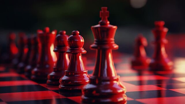 Red king chess piece leading red team on chessboard