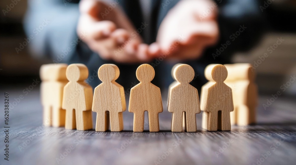 Aufkleber wooden figurines representing teamwork and collaboration in a business setting with hands shown in t