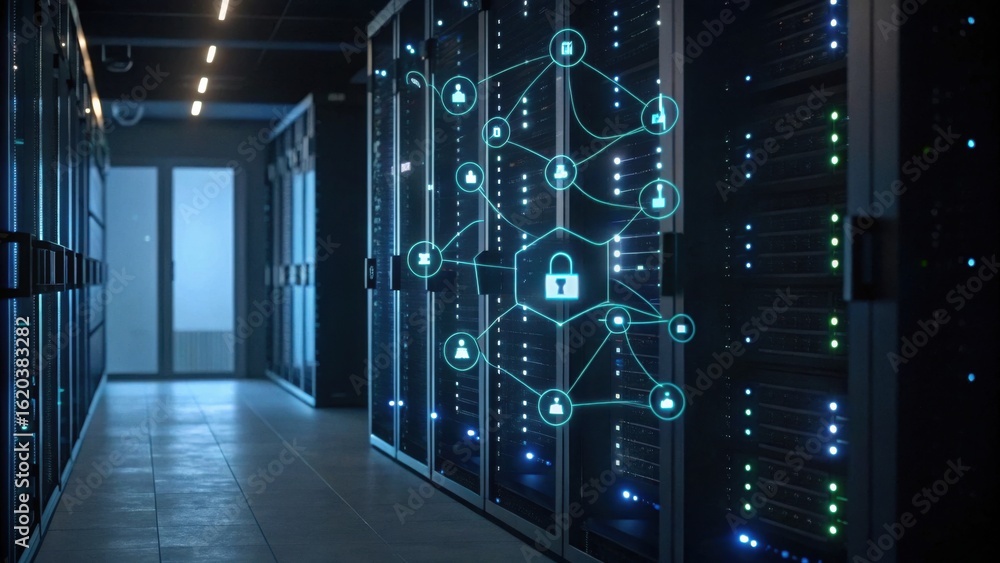 Poster a futuristic data center hallway featuring server racks with a digital security network graphic over