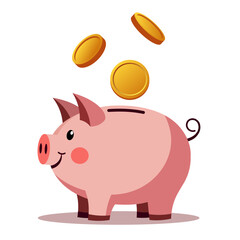 Piggy bank with falling golden coins. Concept of savings and accumulation of finances. Vector illustration.