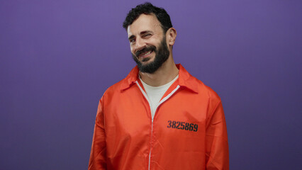 Hispanic man in an orange prison jumpsuit smiling confidently against a vibrant purple background.