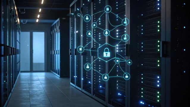 A futuristic data center hallway featuring server racks with a digital security network graphic overlay.