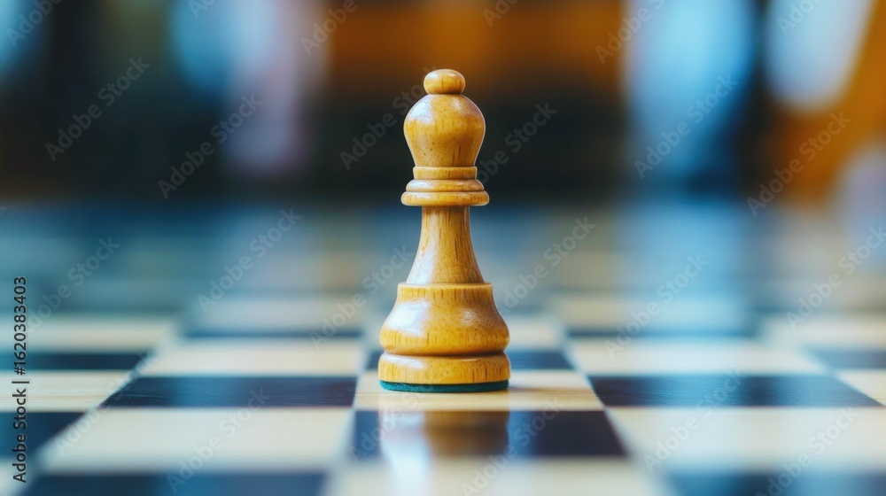 Poster close-up view of a wooden chess pawn on a checkered board with soft focus background