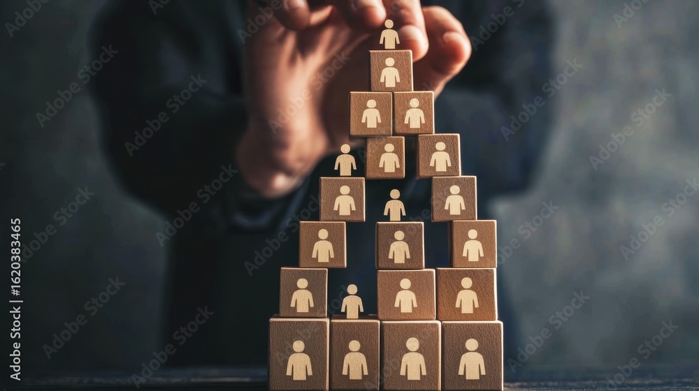 Poster building a collaborative community with stacked wooden blocks representing people in a pyramid forma