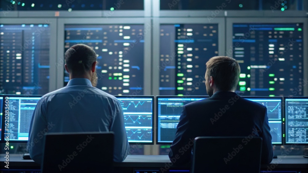Aufkleber two professionals monitor data on large screens, analyzing trends and metrics in a high-tech environ