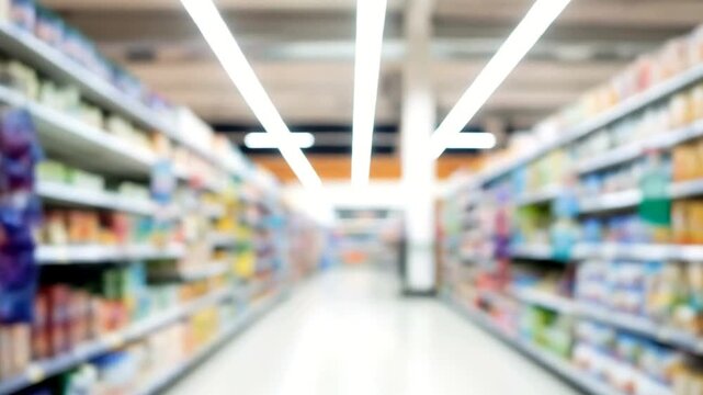Abstract blurred background of a brightly lit supermarket aisle with colorful products on shelves.