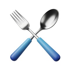 Crossed fork and spoon with metallic heads and blue gradient handles, isolated on white