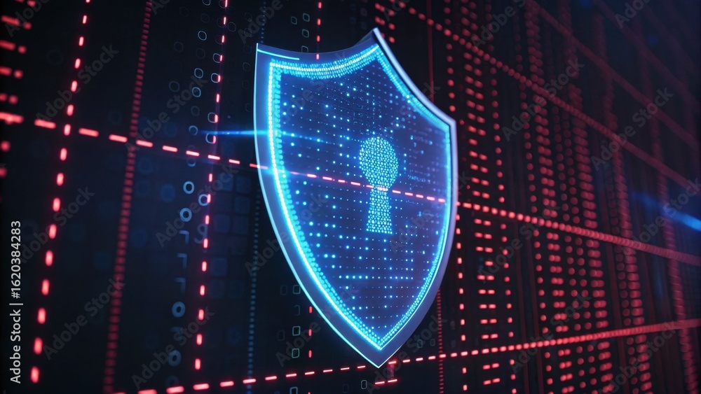 Poster a digital shield icon representing cybersecurity, surrounded by a matrix of data, emphasizing protec