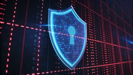 A digital shield icon representing cybersecurity, surrounded by a matrix of data, emphasizing protection and technology.