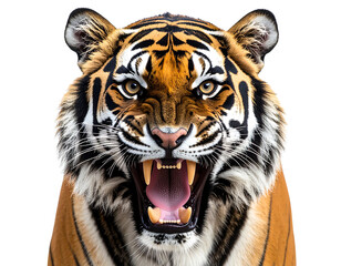 Obraz premium Fierce Roaring Tiger Head Close-Up with Bared Teeth, Front View, Transparent PNG